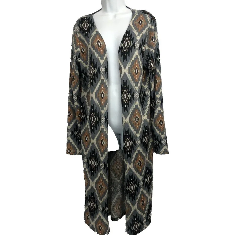 Entro Womens Large Open Front Long Sleeve Aztec Cardigan Long Line